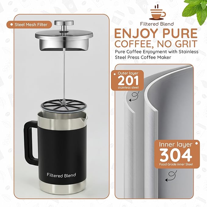 1.6L French Press Coffee Maker 54oz Large Capacity French Press Stainless Steel Brewer with Double Filter Mesh for Kitchen Travel Camping Hot &amp Cold Brew Coffee Maker Gifts (Black)