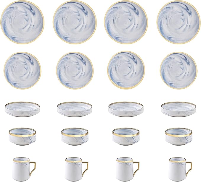 20 Piece Plates and Bowls Sets Fine China Artisan Marbled Dinner Set for 4 Dishwahser Safe Scratch Resistant Blue with Gold Line