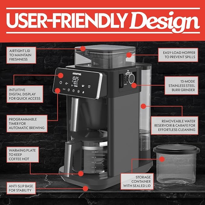 Gourmia 10 Cup Grind &amp Brew Coffee Maker - Built-In Burr Grinder 3 Brew Strengths Programmable Digital Display Pause &amp Serve Keep Warm Auto Shut Off Black