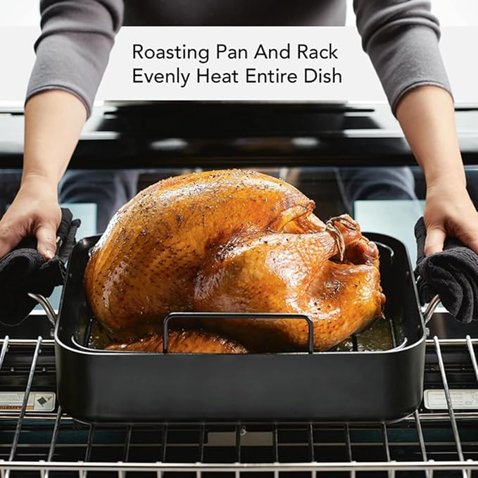 KitchenAid Hard Anodized Roasting Pan/Roaster with Removable Rack 13 Inch x 15.75 Inch - Matte Black