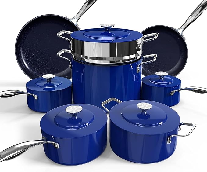 Nuwave Lux 13pc Forged Lightweight Cookware Set PFAS Free Healthy G10 Duralon Ceramic Coating Ultra Non-Stick Stay-Cool Handles Works on All Cooktops &amp Induction Ready