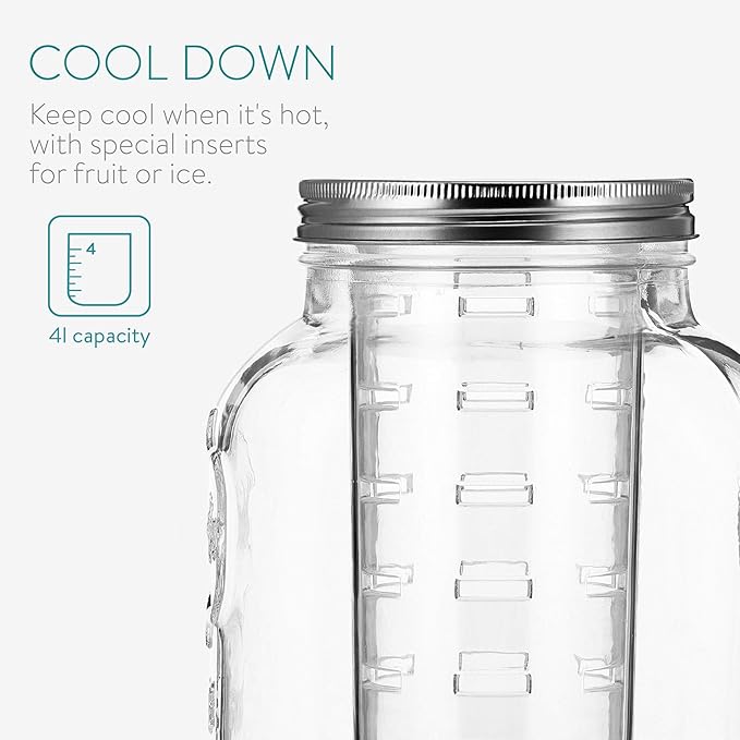 Navaris Glass Drink Dispenser with Spout - 4 L / 1 Gallon Mason Jar with Fruit &amp Ice Infuser - Beverage Fountain for Sweet Tea Punch Water Cocktail - Drinks Pitcher For Parties