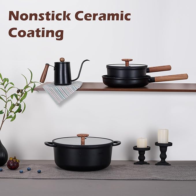 JEETEE Ceramic Cookware Sets 17 pcs Healthy Pots and Pans Set Non Stick Induction Kitchen Cooking Set with Removable Handles Stackable Pots Pans Oven Safe PFOA/PFOS Free Black