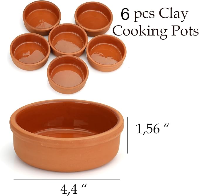 Areste Mexican Clay Cookware Set (Set of 6)- Terracotta Cooking Pots Bowls Plates and Serving Dishes - Premium Spanish Earthenware for Baking Yogurt Kheer Meat Vegetables Turkish Cuisine - Caz