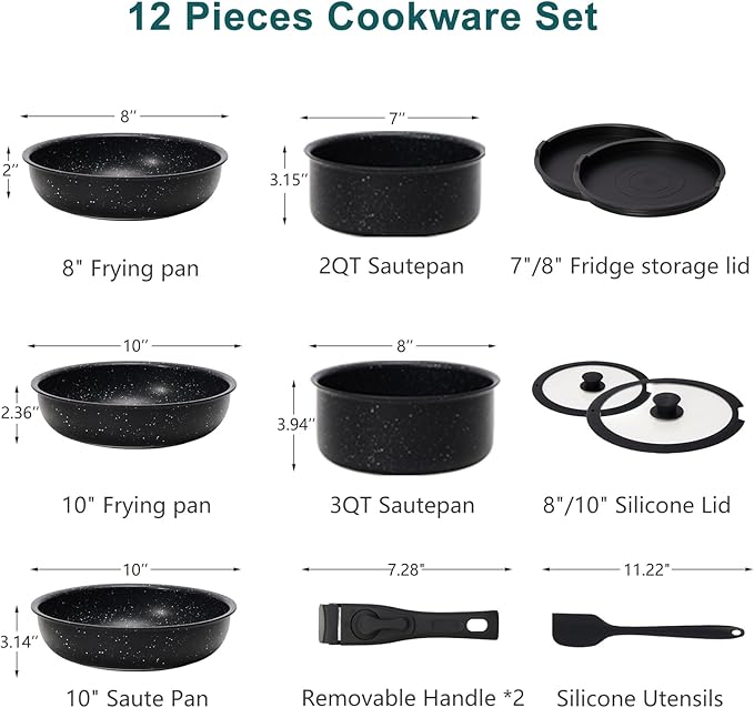 DUMOS 12 Pcs Pots and Pans Set Nonstick Kitchen Cookware Set Induction Cooking Sets Detachable Handle Deep Black