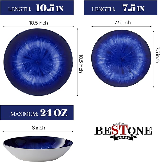 Bestone 12 Piece Round Kitchen Dinnerware SetsPlates and Bowls setsDishes Plates Bowls Dish SetPlates and BowlsService for 4 Chip Resistant Porcelain Starburst Turquoise Dark Blue