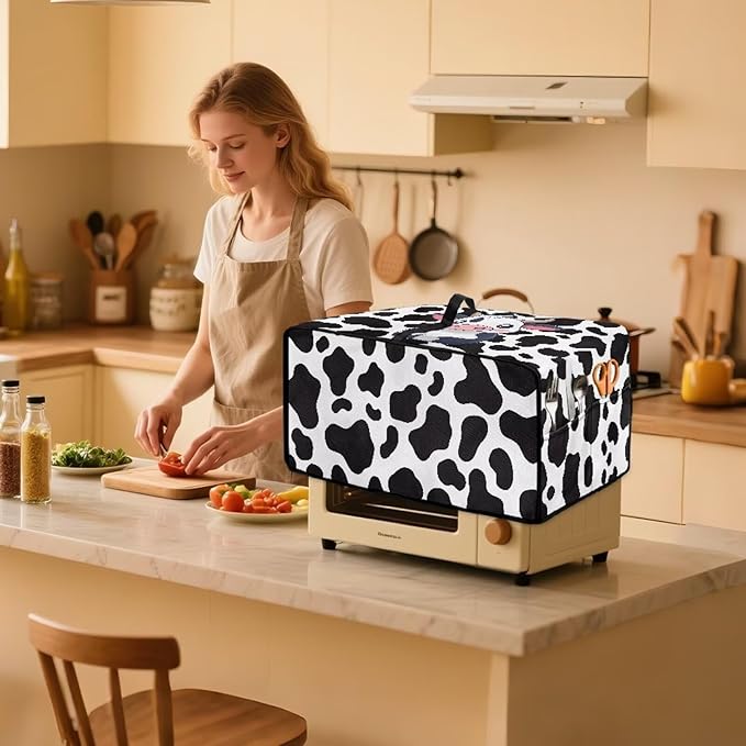 Cow Small Appliance Covers Set – Toaster Oven Dust Cover with Handle Top Bread Machine Protector Decorative &amp Practical Kitchen Gift for Women - L