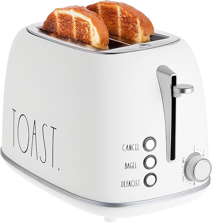 Rae Dunn Retro Rounded Bread Toaster 2 Slice Stainless Steel Toaster with Removable Crumb Tray Wide Slot with 6 Browning Levels Bagel Defrost and Cancel Options White