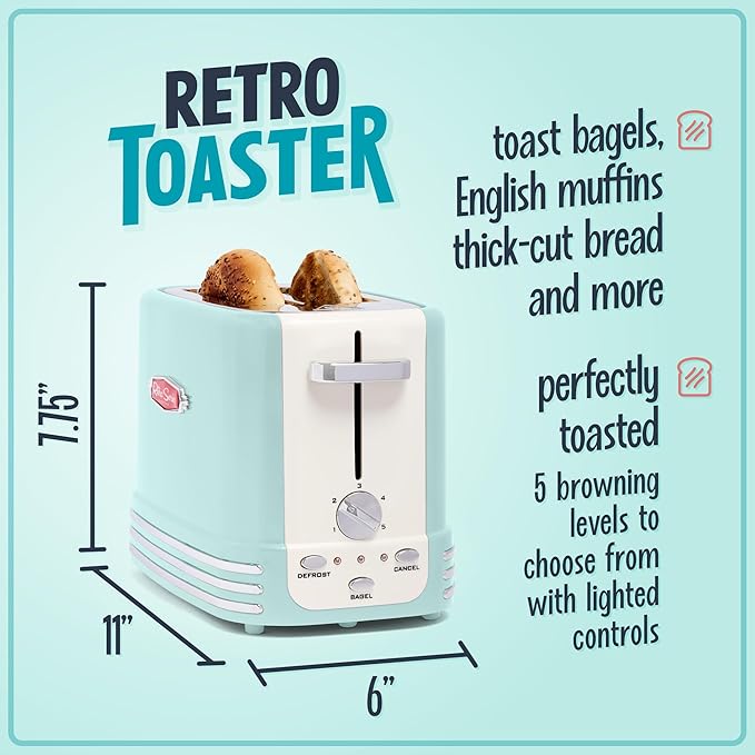 Nostalgia New and Improved Wide 2-Slice Toaster Perfect For Bread English Muffins Bagels 5 Browning Levels With Crumb Tray &amp Cord Storage Aqua