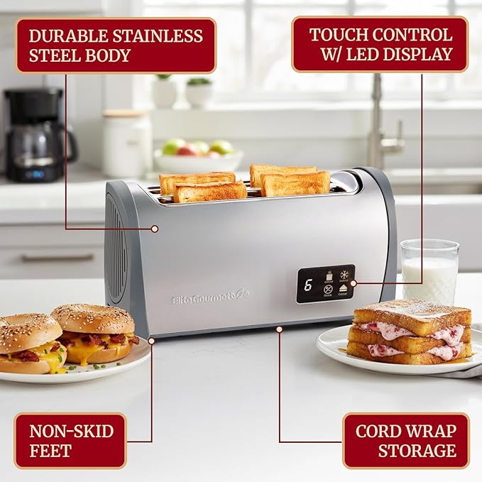 Elite Gourmet Digital Long Slot 4-Slice Toaster – Touch Screen LED Display Extra Wide 1.5” Slots for Artisan &amp Bagel Bread 6 Browning Levels Defrost &amp Reheat Stainless Steel Modern Design