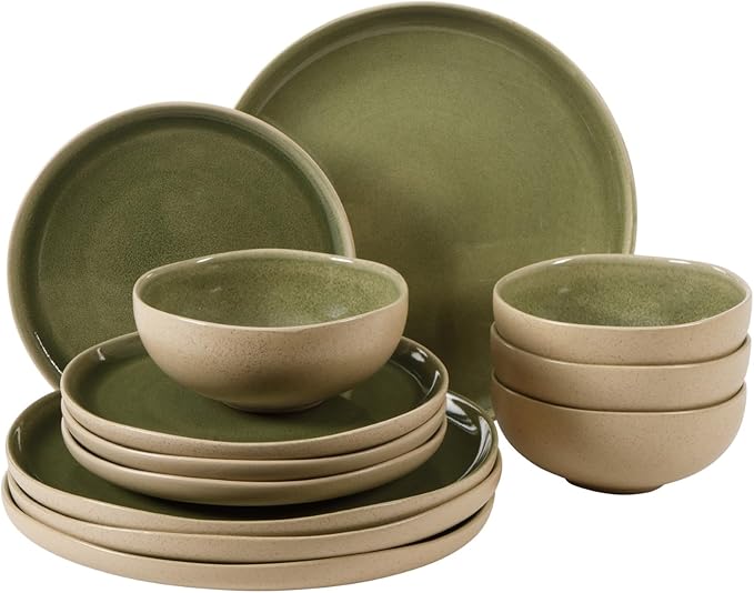 Gibson Elite Manila Bay 12-Piece Stoneware Dinnerware Set Service for 4 Reactive Glaze Modern Artisan Plates Bowls &amp Mugs Green Round Design