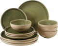 Gibson Elite Manila Bay 12-Piece Stoneware Dinnerware Set Service for 4 Reactive Glaze Modern Artisan Plates Bowls &amp Mugs Green Round Design