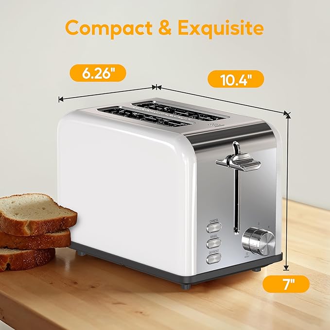 HealSmart 2-Slice Stainless Steel Toaster 6 Browning Setting and 3 Function Toaster Extra Wide Slot &amp Removable Crumb Tray for Bread &amp Waffle White