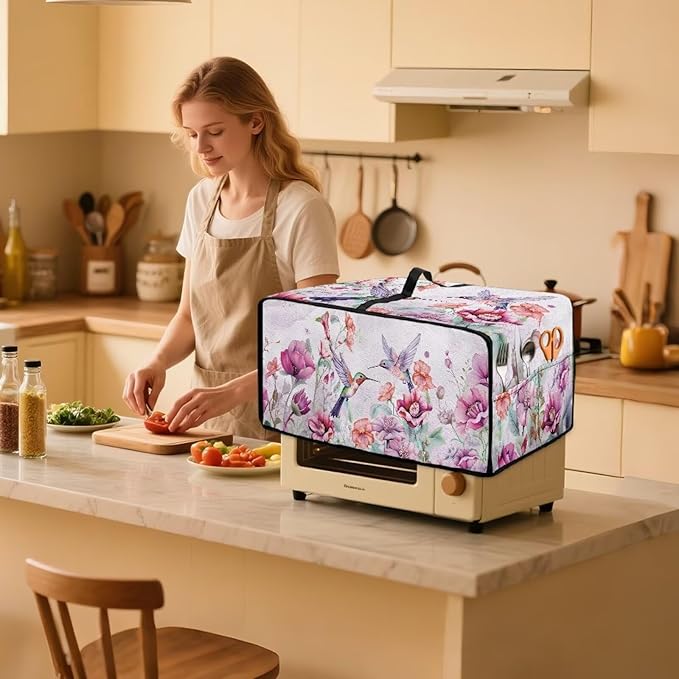 Purple Hummingbird Toaster Oven Cover Heavy Duty Heat-resistant Waterproof Dust-Proof Protective Case with Side Pockets for Bake Air Fry Toaster Oven