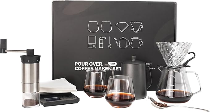 SuperCook Hand Drip Pour Over Coffee Set All in One Includes Gooseneck Kettle V60 Glass Dripper Paper Filter Cups Manual Grinder Scale Ideal for Anniversary Birthday Gift