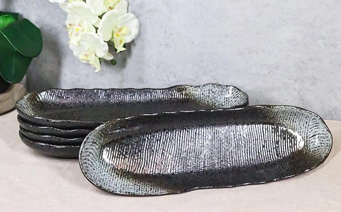 Ebros Gift Artistic Charcoal Grey Tone Hakumu Porcelain Collection Dinnerware Serveware Kitchenware Set Asian Japanese Restaurant Supply (Pack Of 3 Wavy Oblong Long Serving Platter 13.25 L)