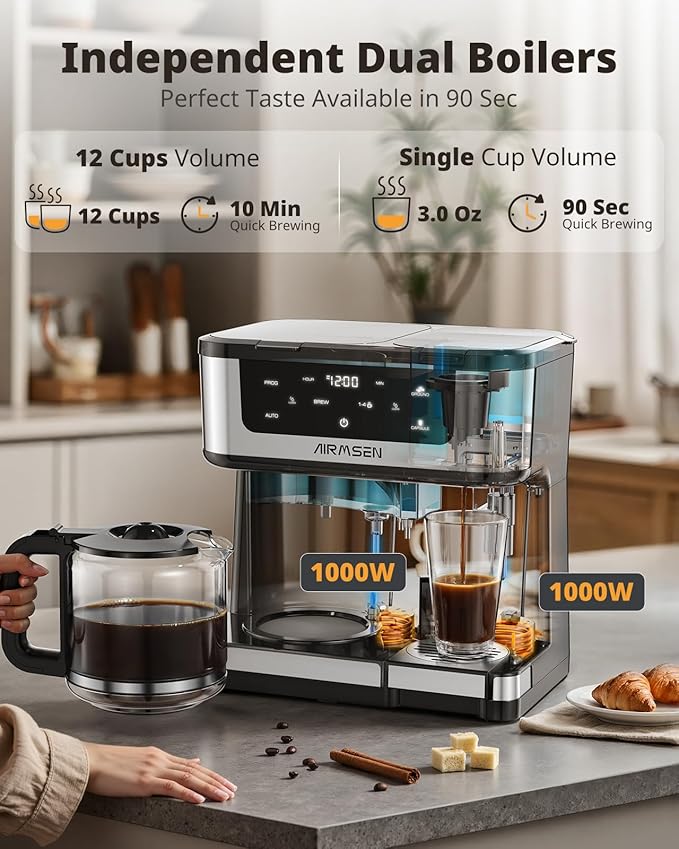 AIRMSEN 12-Cup Programmable Dual Coffee Maker – Single Serve Machine for K-Cup Pods &amp Ground 1000W Fast Brew Delay Start 2H Keep Warm Touchscreen 60oz Tank Glass Carafe – Home &amp Office