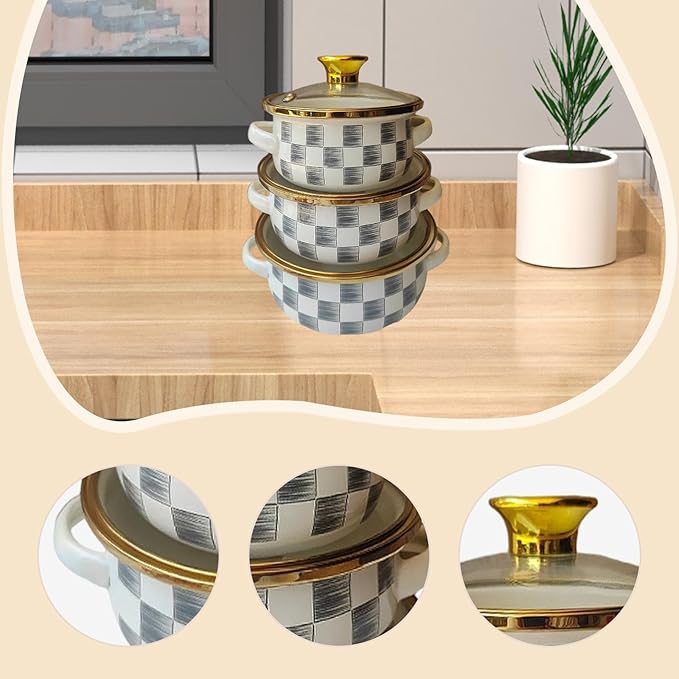 Pack of 3 Enameled Cookware Set for Multifunctional Kitchens Use Porcelain Materials Sturdy Design Ideal Family