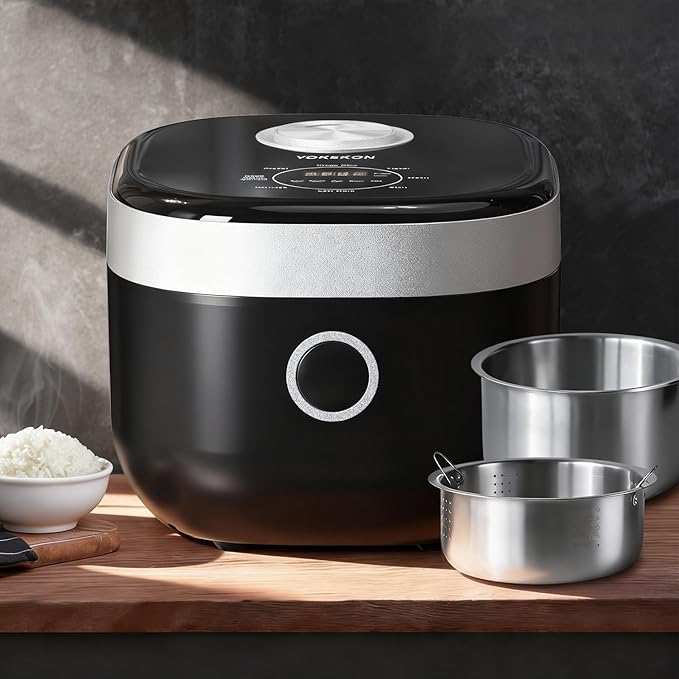 YOKEKON Rice Cooker Stainless Steel Inner Pot PFAS-Free Dishwasher Safe Low Carb &amp Low Sugar Large Rice Cookers 8 Cup with Steamer Basket 24H Delay Timer and Auto Keep Warm FeatureBlack
