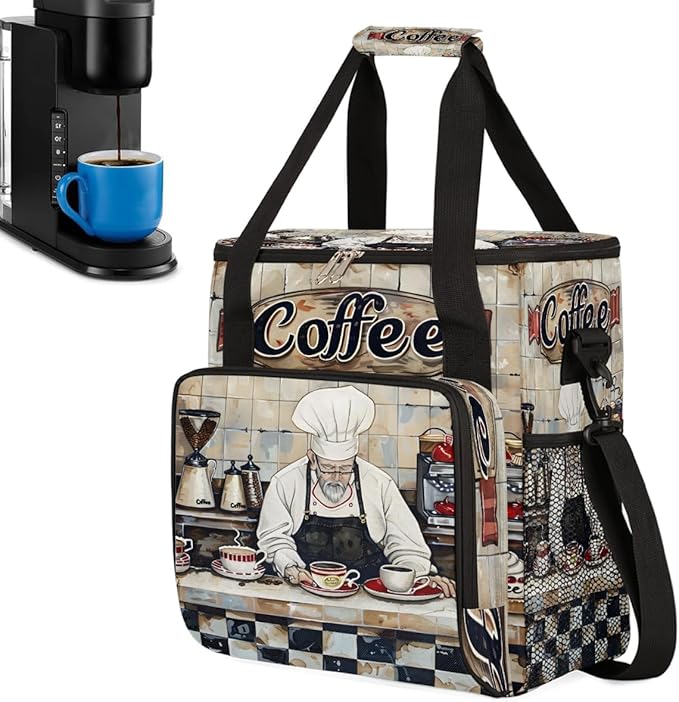 cfpolar Coffee Chef Pattern Coffee Maker Carrying Bag Coffees Machine Travel Storage Bag Compatible with K-Mini or K-Mini Plus Portable Single Serve Coffees Brewer Case with Pockets for K-Cup Pods