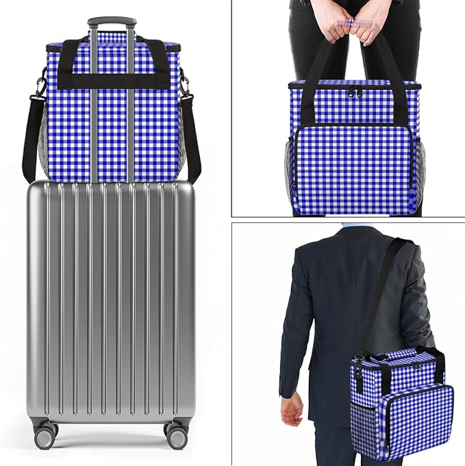 Navy Plaid Coffee Maker Carrying Bag Portable Travel Storage Tote Bag Compatible with K-Mini or K-Mini Plus Single Serve Coffee Brewer Carrying Case with Multiple Pockets &amp Shoulder Strap