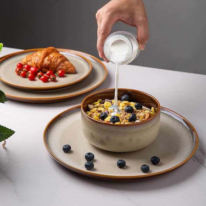 Ceramic Dinnerware Sets of 4Poreclain Plates and Bowls SetsHandmade Reactive Glaze Dishes SetChip Resistant and Scratch Resistant | Oven&ampDishwasher &amp Microwave Safe16PCS-Kahki