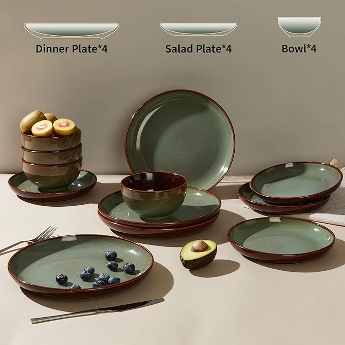 Stoneware Dinnerware Sets 12-Piece Ceramic Plates and Bowls Sets for 4 Sage Green Microwave and Dishwasher Safe 10 Inch Dinner Plates 8.2 Inch Salad Plates 5.4 Inch Bowls