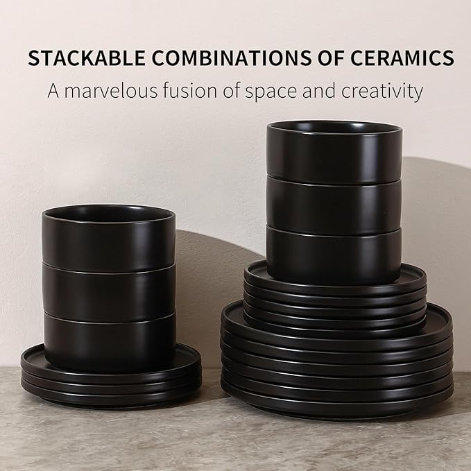 GZG Classic Series - Plates and Bowls Set for 4 12 Piece Stoneware Dinnerware Sets Microwave and Dishwasher Safe Lead-Free Handcrafted Ceramic Dishes Set - Matte Black