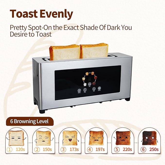 2 Slice Toaster with Touch Screen Slim Toaster For Long Slice 1.6 Wide Slot 6 Browning Levels 1000W Fast Heating Slim Stainless Steel Design for Bagels Baguettes Compact Kitchen &amp RV Use