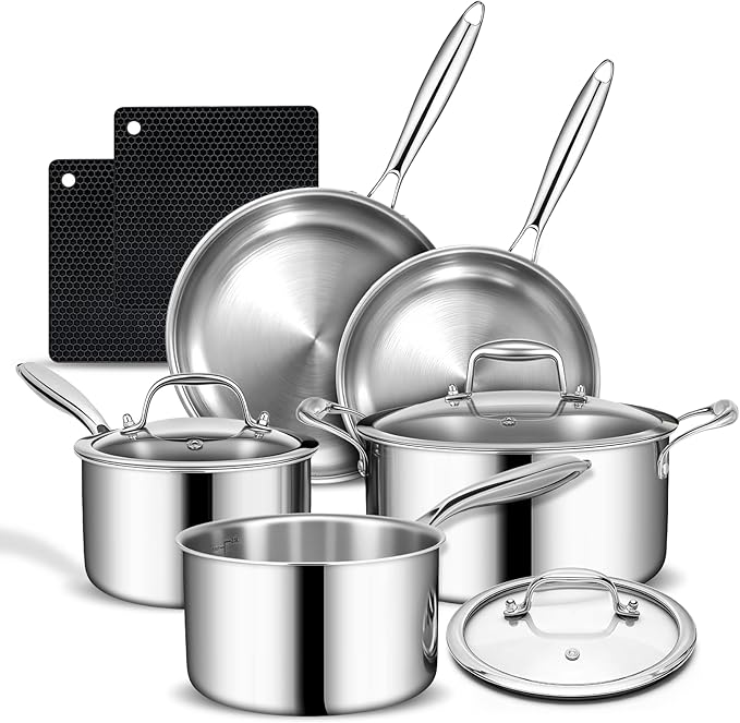 3 Ply Stainless Steel Cookware Set AIVIKI 10-Pieces Pots and Pans Set Induction Kitchen Cookware Set Oven Safe to 500℉ Chef Quality Cooking Set w/Fry Pans Saucepans Dutch Oven Kitchen Essential