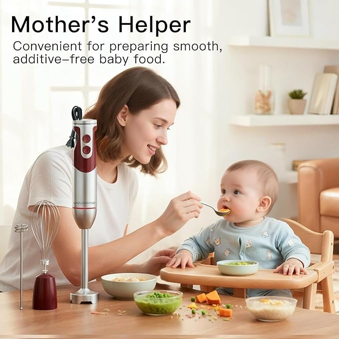 Megawise 3-in-1 Hand Blender – 12-Speed Includes Powerful Blender Stick Whisk and Milk Frother – Easy to Clean and Perfect for Smoothies and More (Red)