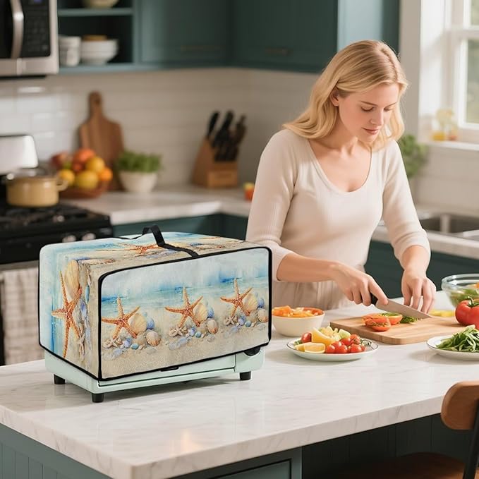 Toaster Oven Cover Heavy Duty Heat-resistant Protective Case Faux Linen Polyester Protector with Handle &amp Pockets for Home Kitchens Beach Starfish