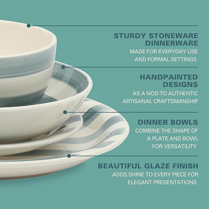 Gibson Home Kenwood Shores 16 Piece Dinnerware Set Blue Striped Hand-Painted Stoneware Dishes Plates and Bowls Service for 4 Microwave &amp Dishwasher Safe