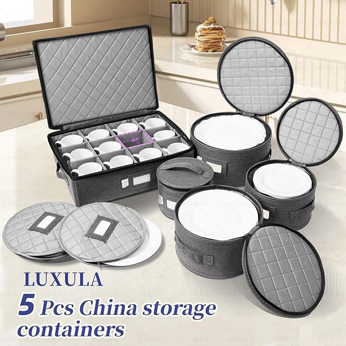 LUXULA China Storage Containers for 12 Place Setting with Two Plate Bags 5 Pcs Hard Shell Quilted China Storage Cases for Dinner Plates Salad Plates Dessert Plates Saucers Cups &amp Mug Storage