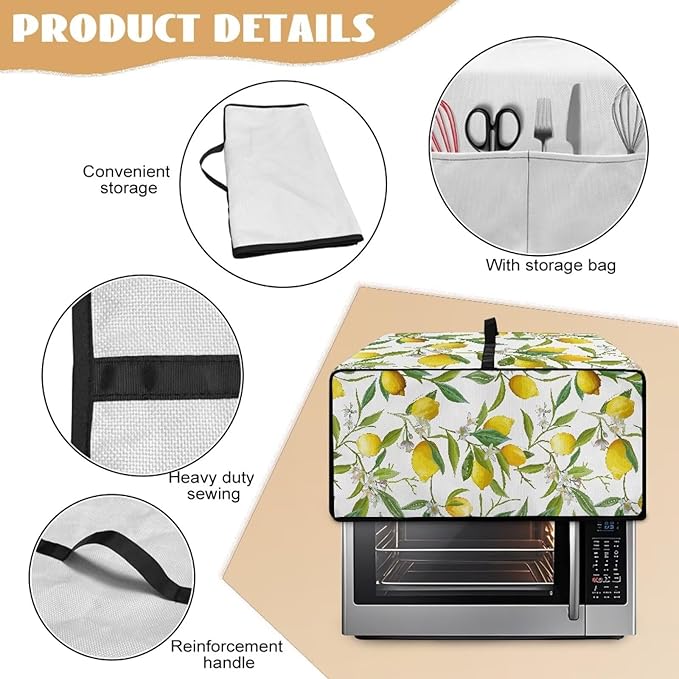 Lemon Flower Toaster Oven Cover Heavy Duty Heat-resistant Protective Case Faux Linen Polyester Protector with Handle &amp Pockets for Everyday Home Kitchens