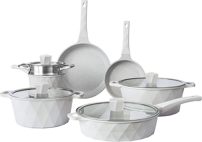Country Kitchen Non-Stick Cast Aluminum Cookware Set - Durable Kitchen Cookware for Everyday Cooking Cream Diamond 11 Pc.