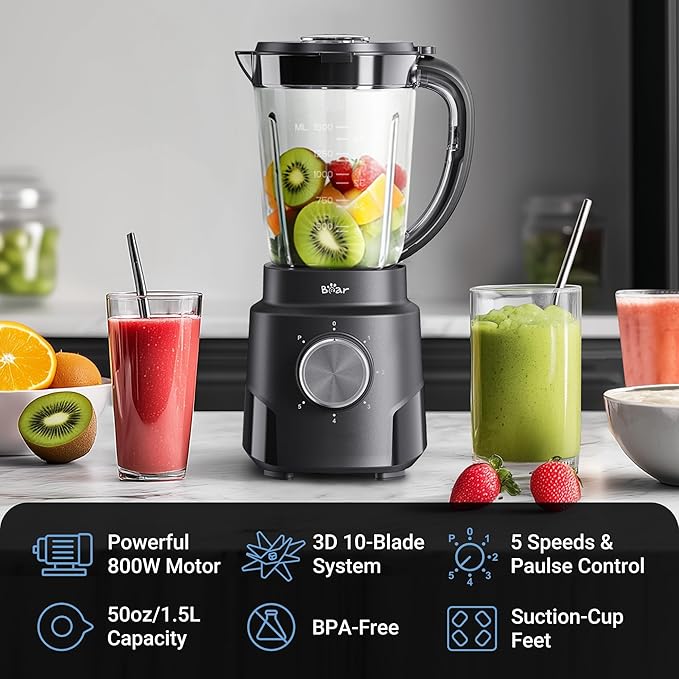 Bear 800W 6-Speed Blender Smoothie Blender for Kitchen with 50oz(1.5L) BPA-Free Cup/Suction Feet/Feeding Hole/10 blades Countertop Blender for Smoothies Crush Ice Frozen Fruit Juice and Puree