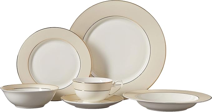 Lorren Home Trends La Luna Bone China 57-Piece Beige Border with 24K Gold Trim Dinnerware Set Service for 8