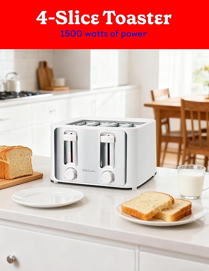 Betty Crocker 4-Slice Toaster 1500W Variable Toast Shade Control Dials High Lift Feature Cool Touch Housing Bread Centering Guides Drop Down Crumb Tray BC-5635W White