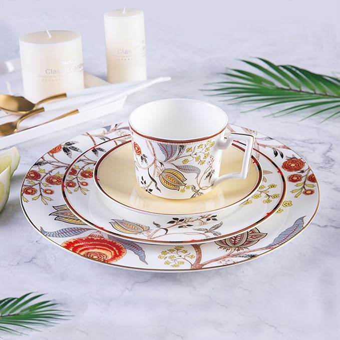 8 Piece Dinnerware Sets Bone China Dinner Plate Coffee cup set Scratch Resistant Microwave Oven Dishwasher Safered flowers