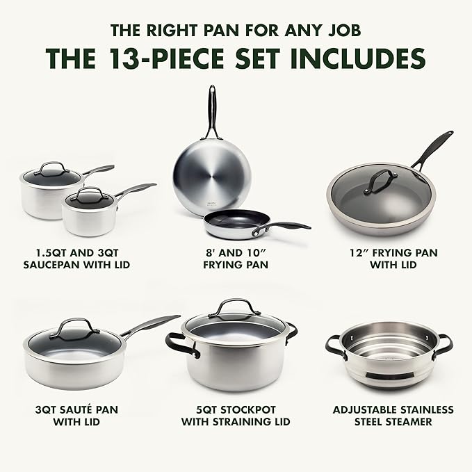 GreenPan Venice Pro Noir Tri-Ply Stainless Steel Healthy Ceramic Nonstick 13 Piece Cookware Pots and Pans Set Matte Black Handle PFAS-Free Multi Clad Induction Dishwasher Safe Oven Safe Silver