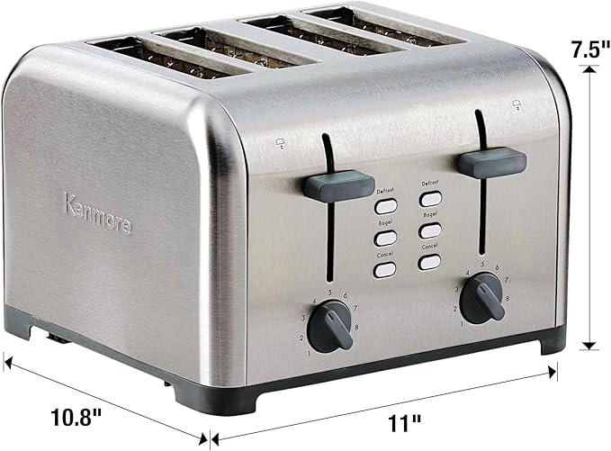 Kenmore 4 Slice Toaster Stainless Steel Extra Wide Slots Adjustable Browning Bagel and Defrost Settings Removable Crumb Tray Best Prime Toaster for Bread Bagel Waffles and more