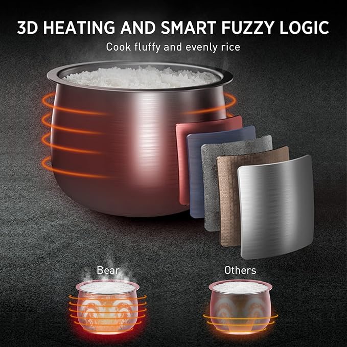 Bear Rice Cooker 3 Cups (Uncooked) 3D Heating and Fuzzy Logic Healthy Nonstick Small Rice Cooker PFAS-Free Touch-Screen for White/Brown Rice Quinoa Oatmeal Soup