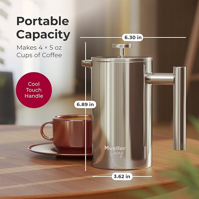 MuellerLiving French Press Coffee Maker 20oz Stainless Steel French Press Coffee 4 Filter Heat Resistant Double Insulated Rust-Free Food Grade Dishwasher Safe Coffee Pot