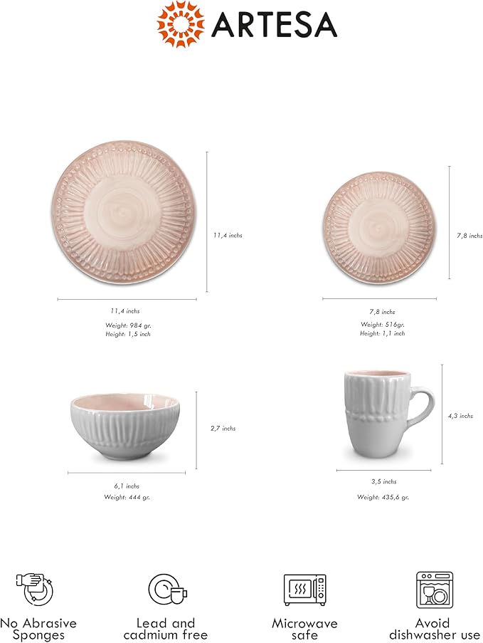 ARTESA Color Full Macao Melon Handmade Dinnerware 4-Piece Pink and White Ceramic 11.4-Inch Plates 7.8-Inch Plates Bowl Cup Microwave Safe