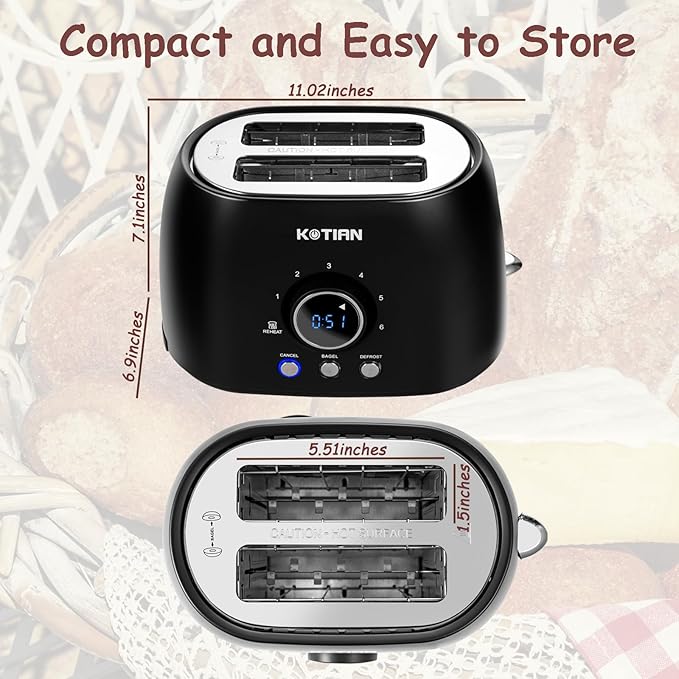 Toaster 2 SliceKOTIAN Retro Toaster1.5 Extra Wide SlotStainless Steel Toasters BagelDefrostReheatCancel Function 6 Toast Settings Digital TimerRemovable TrayMatte Black