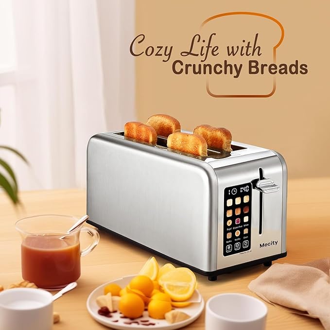 Mecity Touchscreen Toaster 2 Long Slots for 4 Slices Digital Bread &amp Browning Control Stainless Steel Slim Toaster with Bagel Gluten-Free Defrost &amp Reheat 120V 1400W