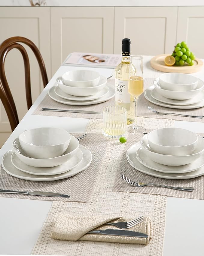 Famiware Porcelain kitchen plates and bowls set Modern dishes set for 4 Handmade Wave Edge Dinnerware Sets Microwave and Dishwasher Safe Tableware Polar White (16pc)