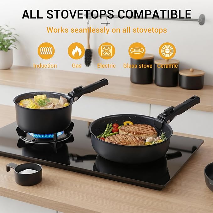 Ammeloo 21-Piece Ceramic Pots and Pans Set Non Stick with Detachable Handles and Egg Frying Pan Non-Toxic Cookware Induction Ready Oven Safe Stackable for Storage Black Speckled