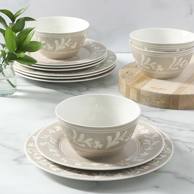 Martha Stewart Maiden Crown 12-Piece Taupe Dinnerware Set – New Bone China Ceramic Plates &amp Bowls – Floral Design – Service for 4 – Dishwasher &amp Microwave Safe